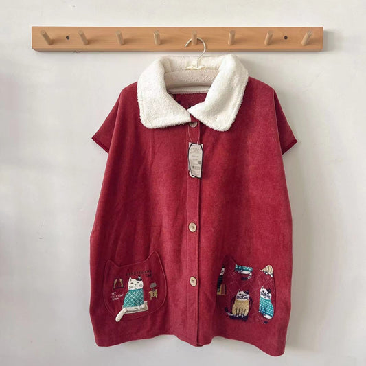 日本kusuguru刺繡貓咪居家服外套斗篷披肩保暖護肩刷毛卡通214｜紅色7620-2