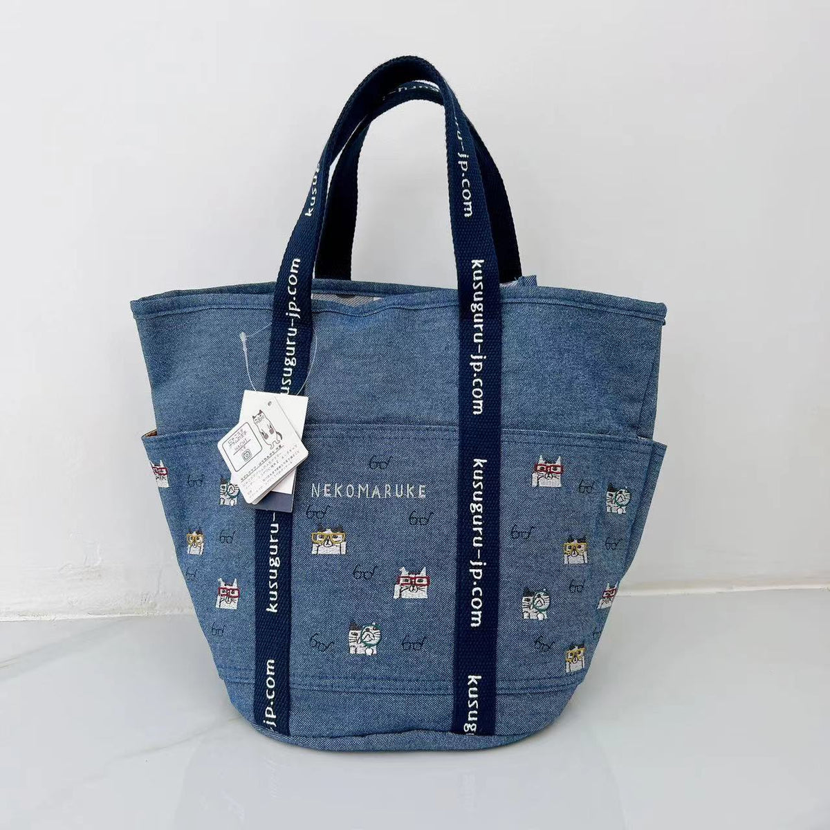 日本kusuguru重工刺繡貓咪手提包水桶包逛街購物手提布藝卡通200｜牛仔藍7516-2