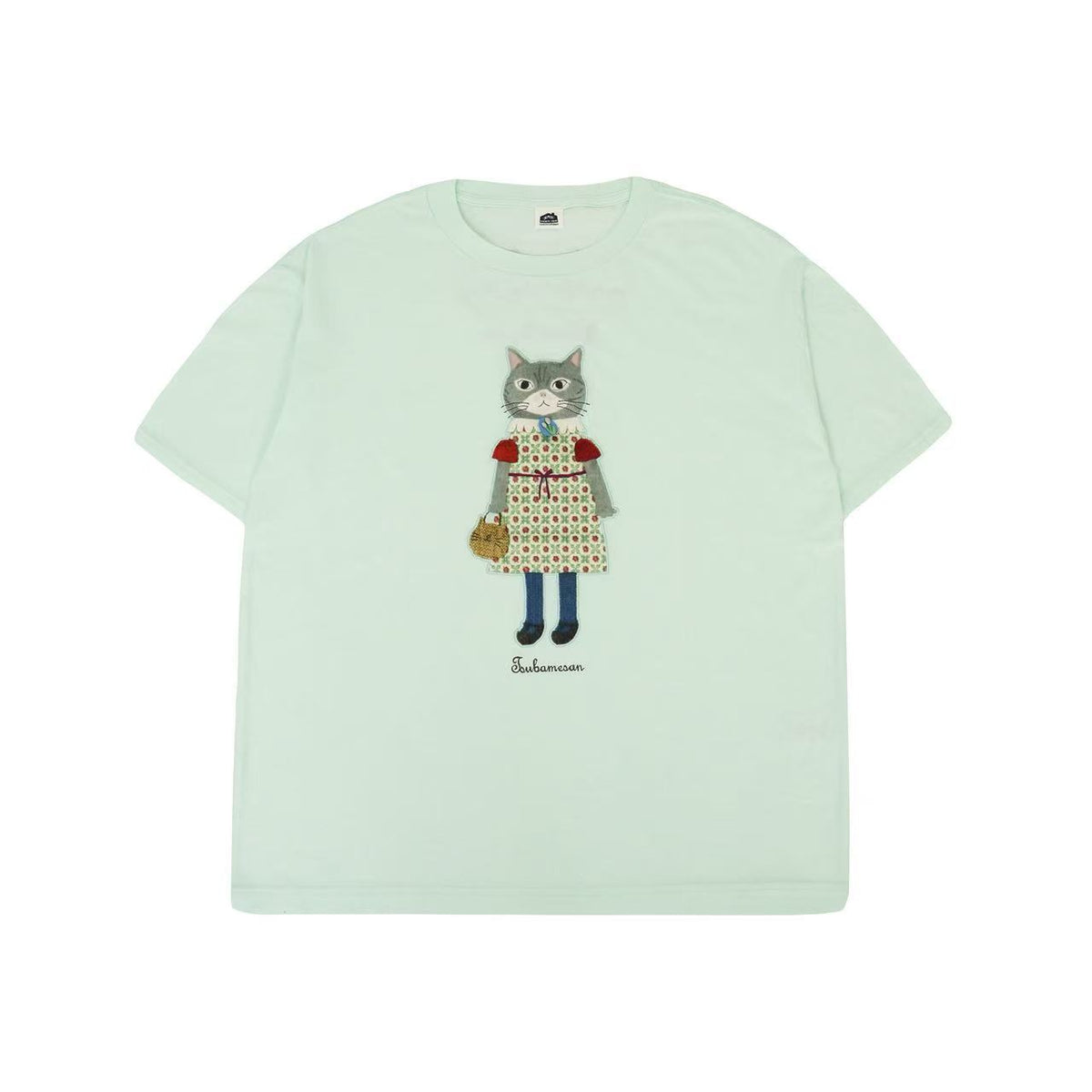 日本Kusuguru正品刺繡貓咪純棉T恤圓領短袖休閒女性純棉卡通52725｜裙子貓淺綠9137-1／單一尺寸