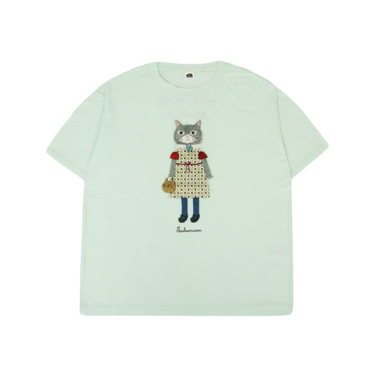 日本Kusuguru正品刺繡貓咪純棉T恤圓領短袖休閒女性純棉卡通52725｜裙子貓淺綠9137-1／單一尺寸