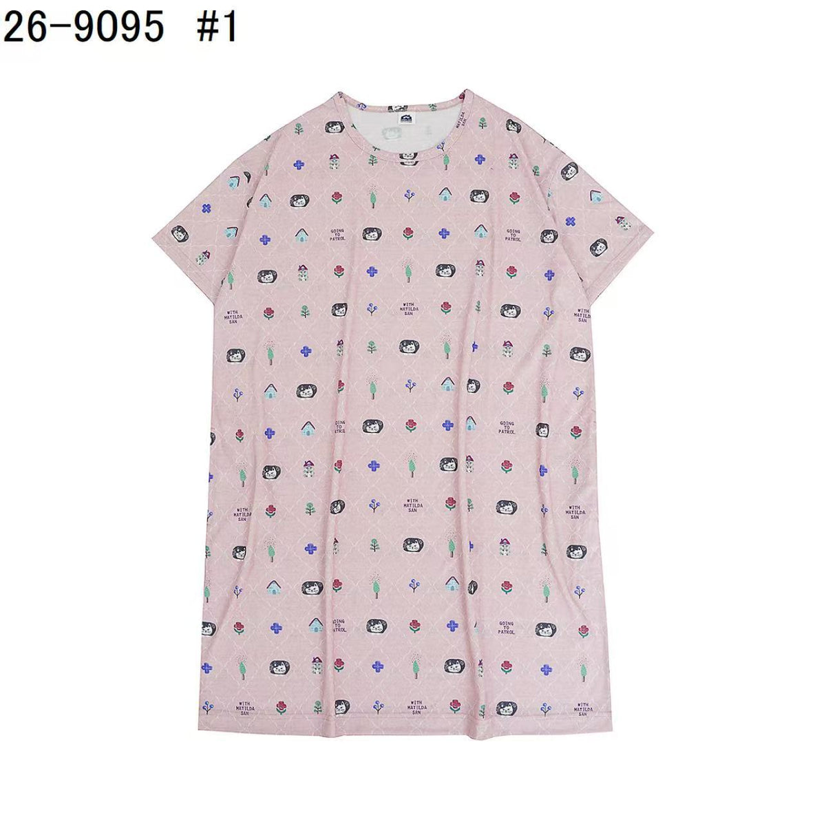 日本Kusuguru正品印花居家服睡裙套裝短袖短褲天竺棉卡通519｜睡裙爬貓粉9095-1／單一尺寸