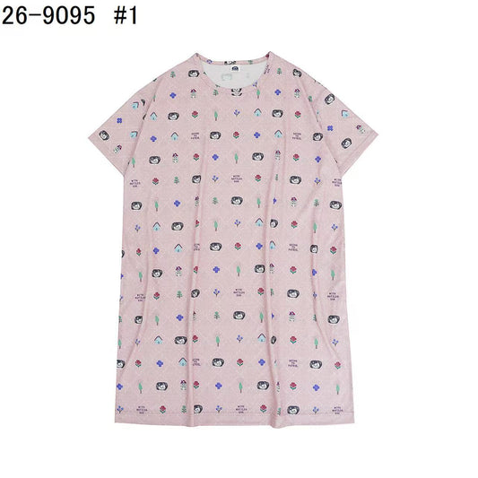 日本Kusuguru正品印花居家服睡裙套裝短袖短褲天竺棉卡通519｜睡裙爬貓粉9095-1／單一尺寸