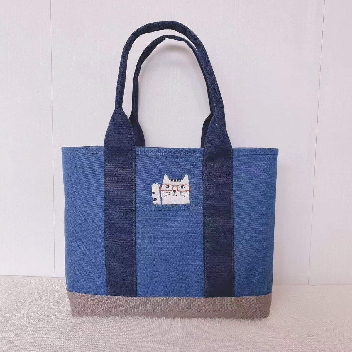 日本KUSUGURU刺繡貓咪托特包手提包手提包逛街購物通勤大型891特｜深藍5141-3
