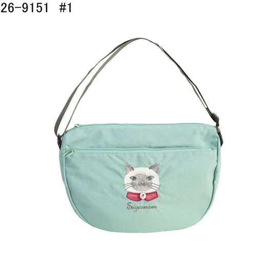 日本Kusuguru正品重工刺繡貓咪法鬥斜背包月亮包腋下包肩背包509｜蜜豆貓頭薄荷綠9151-1