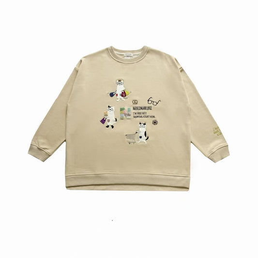 日本Kusuguru正品刺繡貓咪狗子大學T圓領休閒毛圈長袖寬鬆415432｜眼鏡貓米黃8631-1／單一尺寸