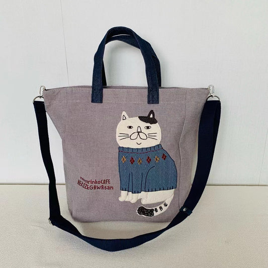 日本新款刺繡胖貓斜背包肩背包手提包手提包補習包通勤布藝862｜灰 色3051-1