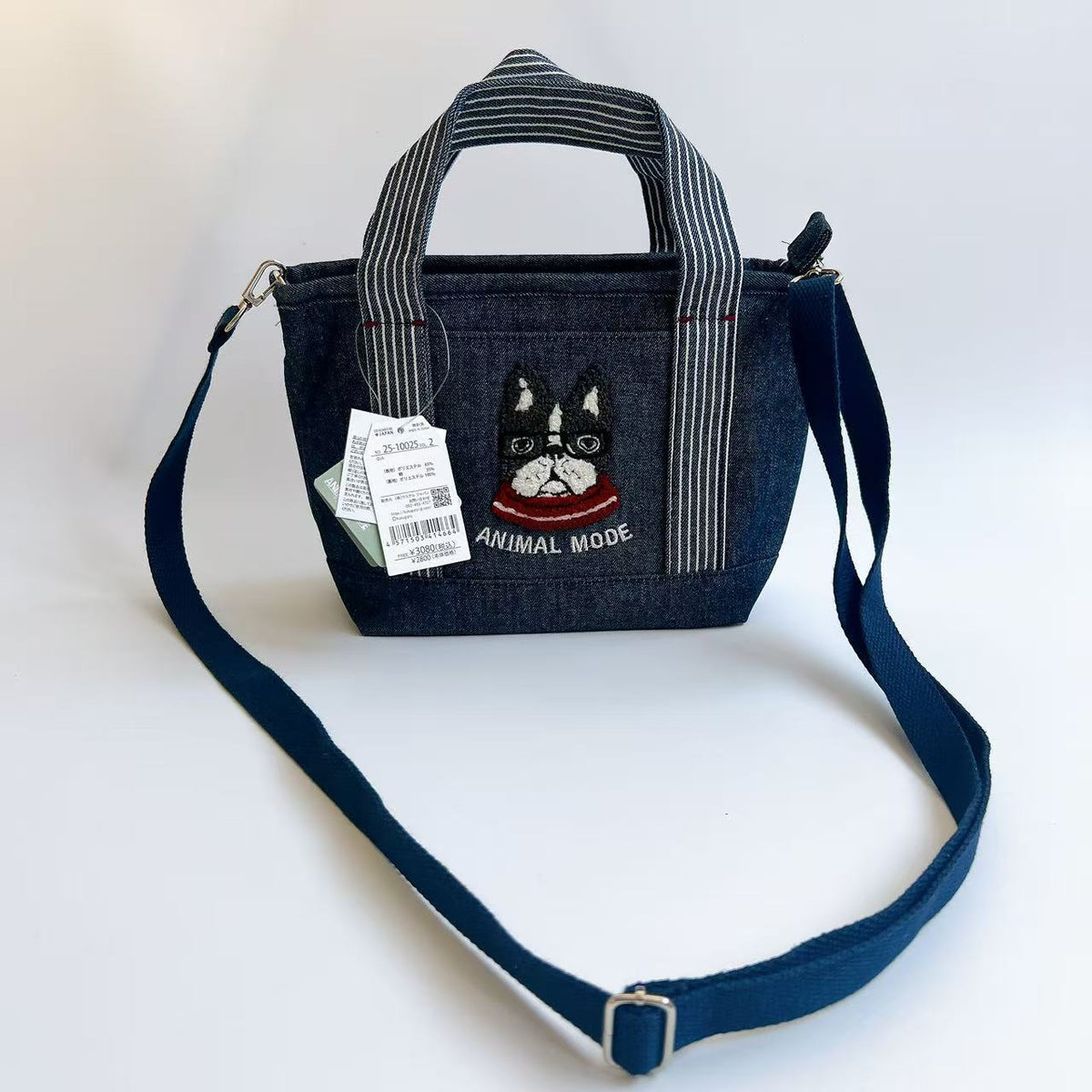 日本Kusuguru正品刺繡貓咪法鬥肩背包斜背包手提包手提包通勤436｜法鬥保羅深牛仔藍10025-2
