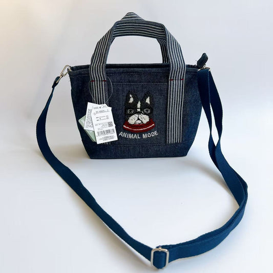 日本Kusuguru正品刺繡貓咪法鬥肩背包斜背包手提包手提包通勤436｜法鬥保羅深牛仔藍10025-2