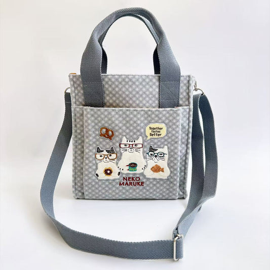 日本Kusuguru正品刺繡眼鏡貓斜背包肩背包手提包手提包刷毛621｜眼鏡貓灰9669-1