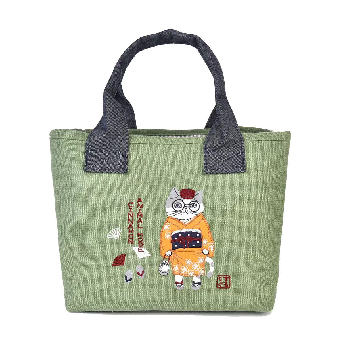 日本kusuguru刺繡和服貓咪手提包托特包手提包飯盒包逛街購物983｜草綠色6585-3