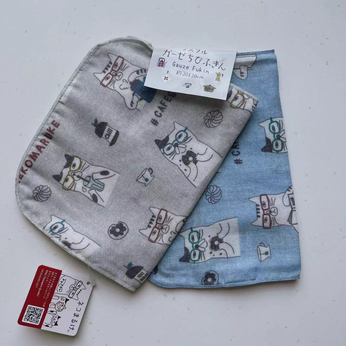 日本kusuguru紗布毛巾多用途純棉擦手巾洗臉巾廚房洗碗抹布131｜眼鏡貓灰＋藍（2條）7171／20 × 30 cm