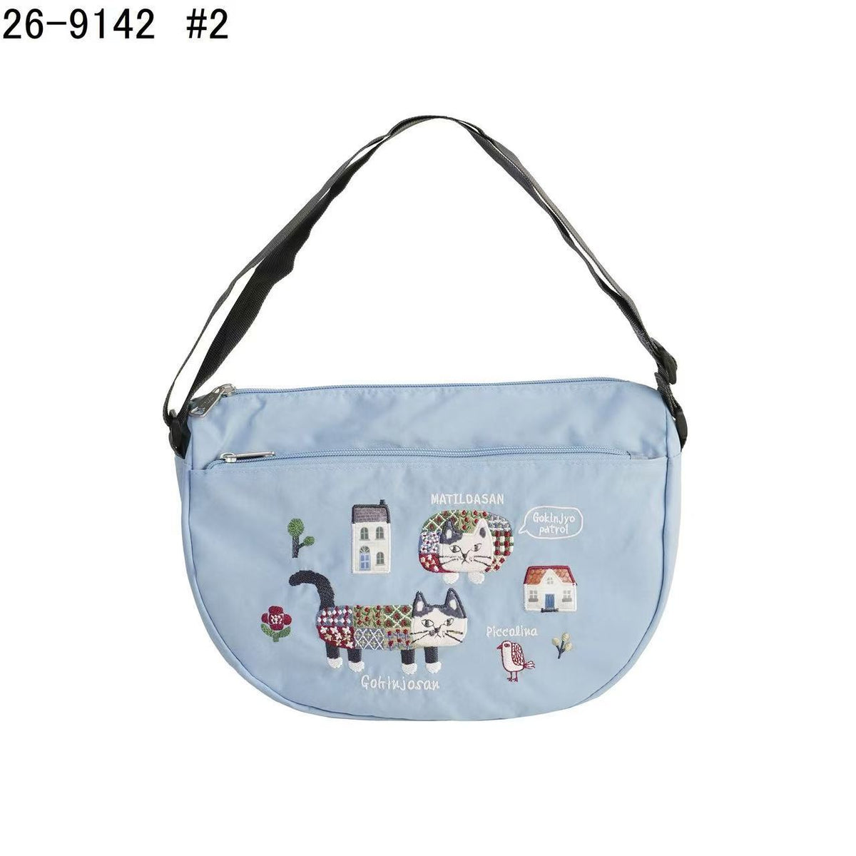 日本Kusuguru正品重工刺繡貓咪法鬥斜背包月亮包腋下包肩背包509｜爬貓淡藍9142-2