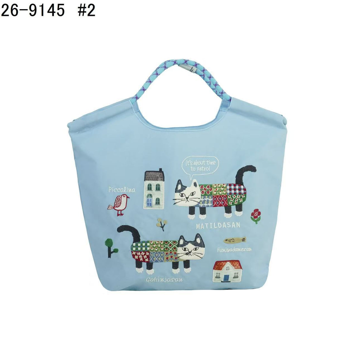 日本Kusuguru正品重工刺繡貓肩背包手提包手提包防塵防潑水507509｜爬貓淡藍9145-2