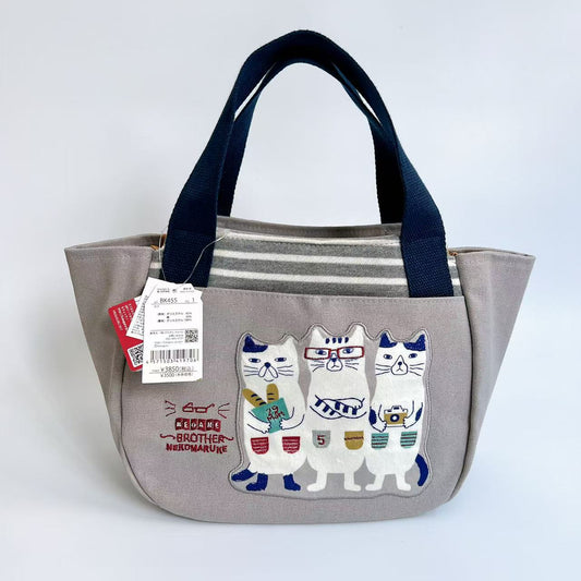 日本Kusuguru正品刺繡貓咪法鬥手提包手提包元寶包飯盒包帆布455｜眼鏡貓灰455-1