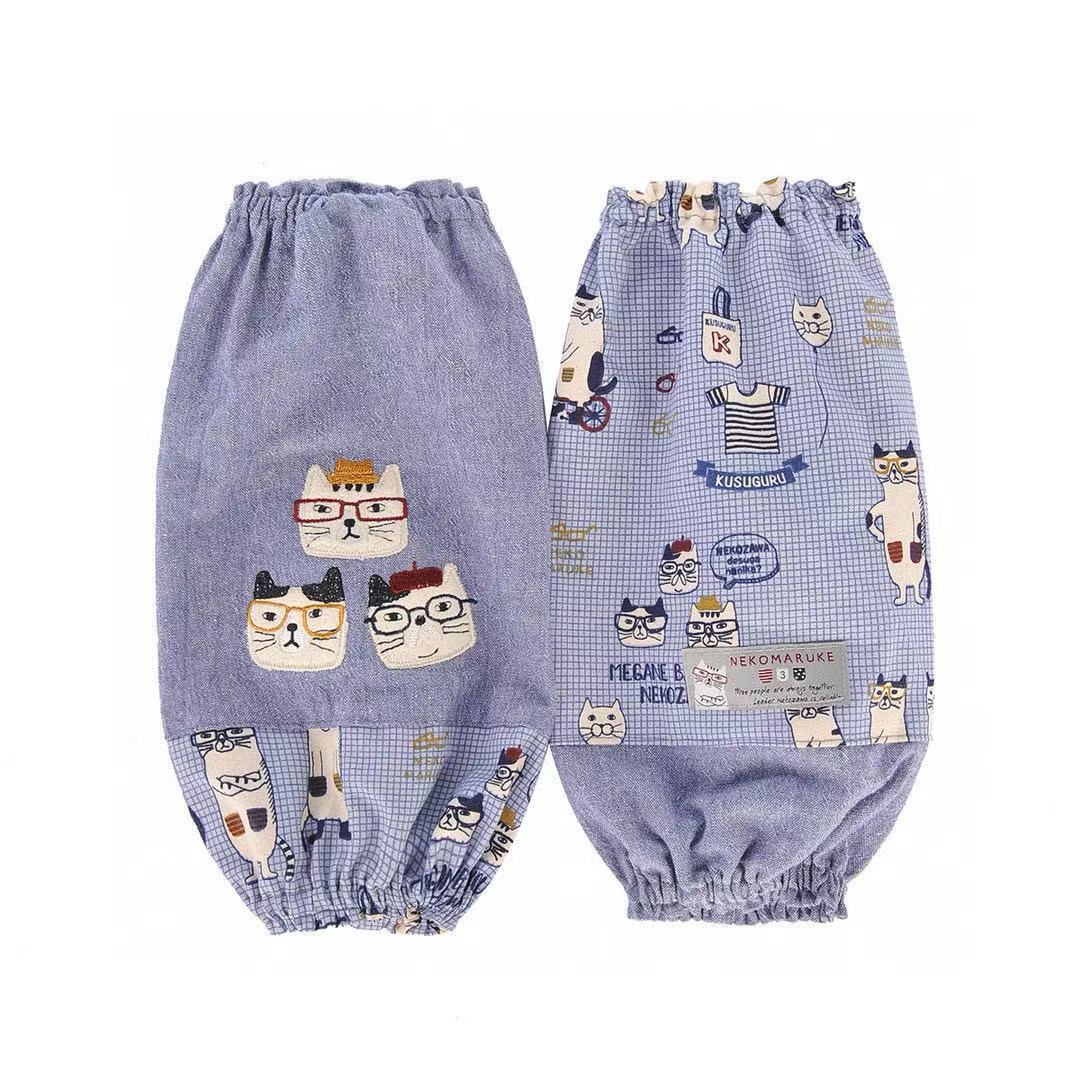 日本Kusuguru正品刺繡眼鏡貓袖套家務防油防污袖套花藝烘焙881｜眼鏡貓藍色5007-2