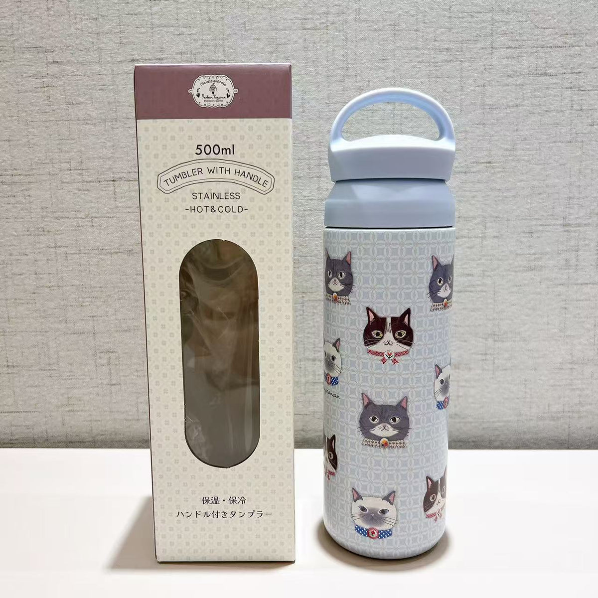 日本Kusuguru正品直筒杯保溫杯保冷304不鏽鋼手提式方便攜帶貓咪405｜蜜豆淺藍8705-1／500 ml