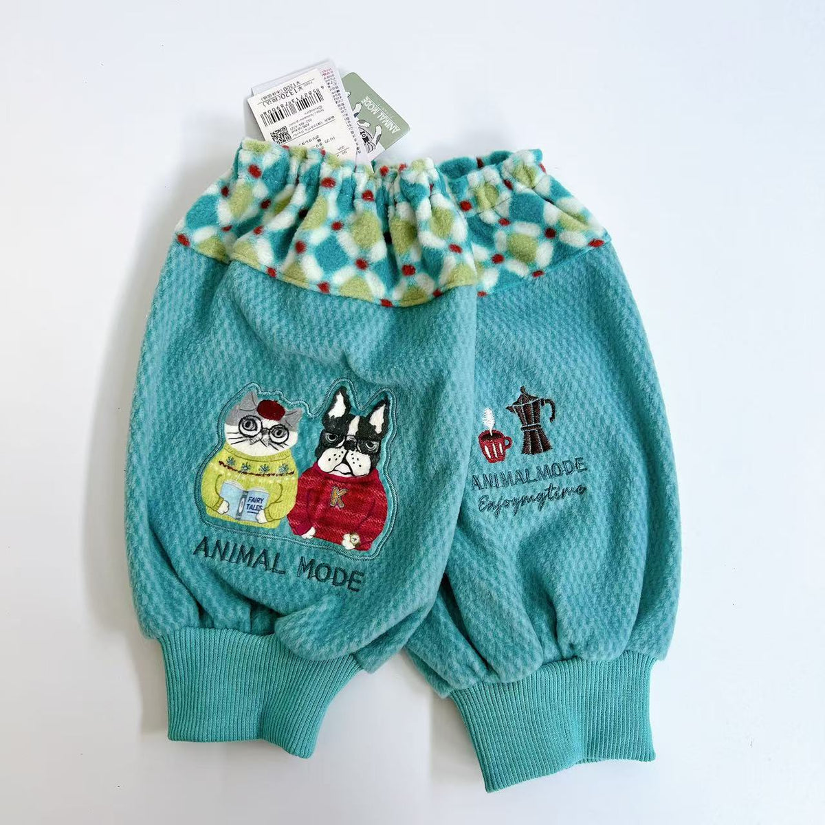日本Kusuguru正品刺繡貓咪法鬥袖套刷毛防油防污袖套家務417｜露西and保羅藍8645-2