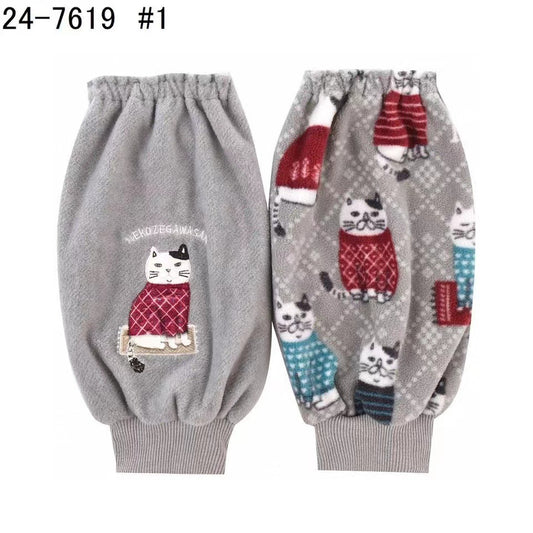 日本kusuguru刺繡胖貓袖套家務防油防污袖套刷毛花藝卡通214｜灰色7619-1