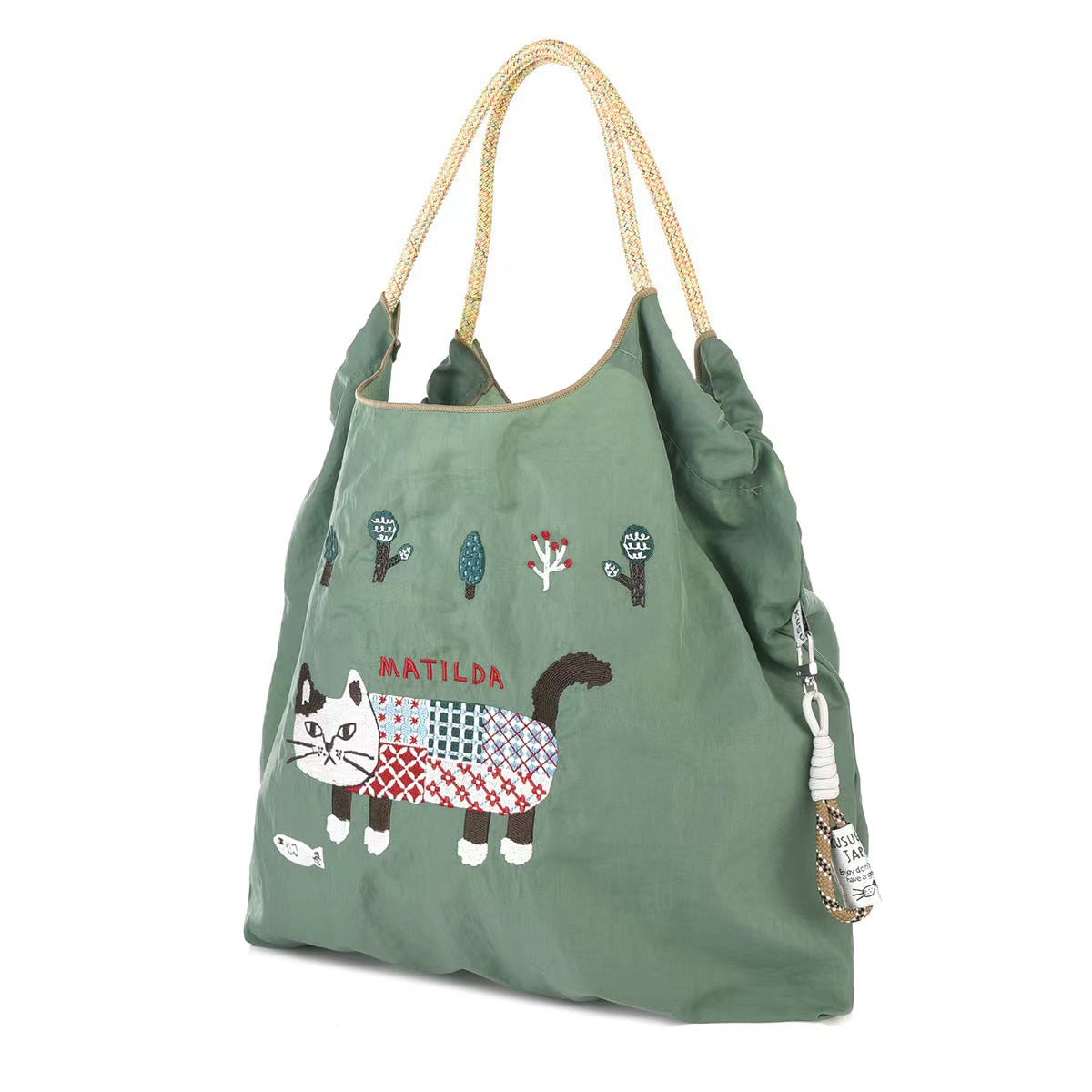 日本kusuguru重工刺繡貓咪肩背包手提包手提包購物袋尼龍包219｜爬貓綠色7604-2