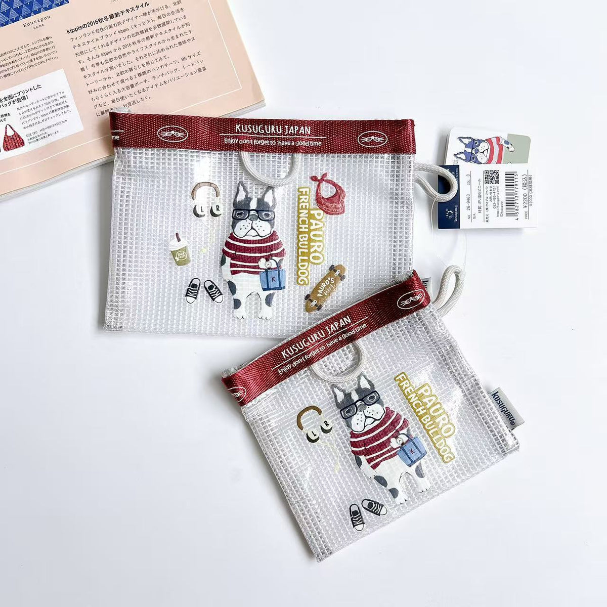 Kusuguru刺繡貓咪法鬥數位印小型收納包掛式卡套證件袋網格PVC550｜保羅紅邊9463-3