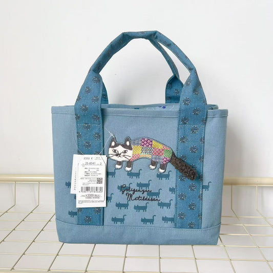 日本Kusuguru正品刺繡爬貓手提包托特包手提包隔層包帆布手提401｜藍色8541-2