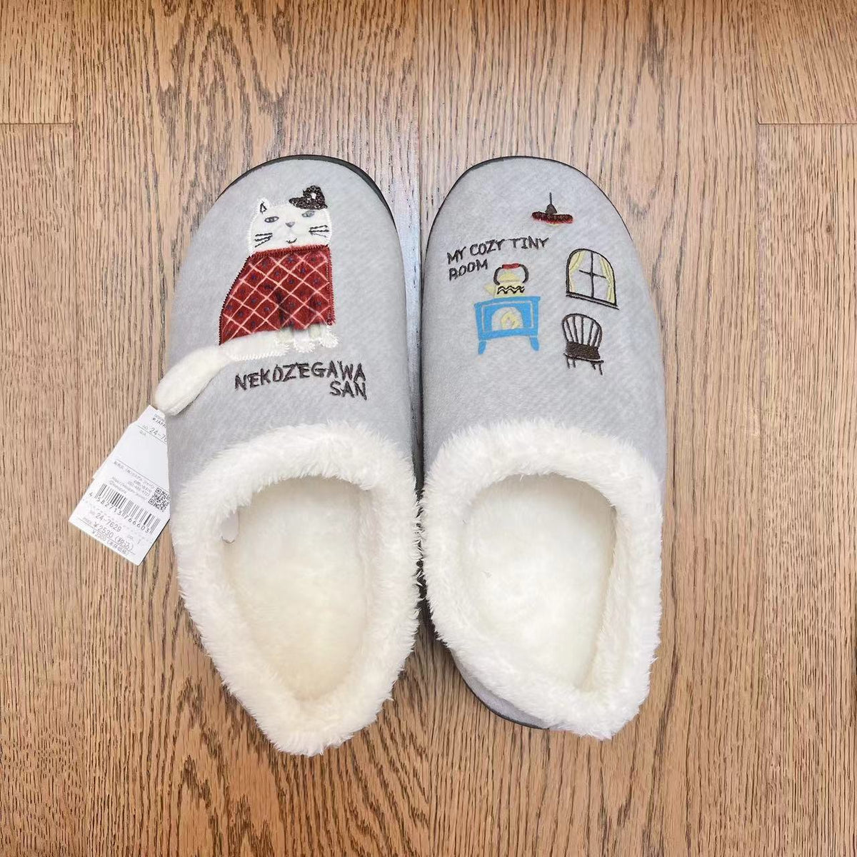 日本kusuguru刺繡胖貓拖鞋刷毛包跟地板拖居家保暖鞋居家卡通214｜灰色7629-1／單一尺寸