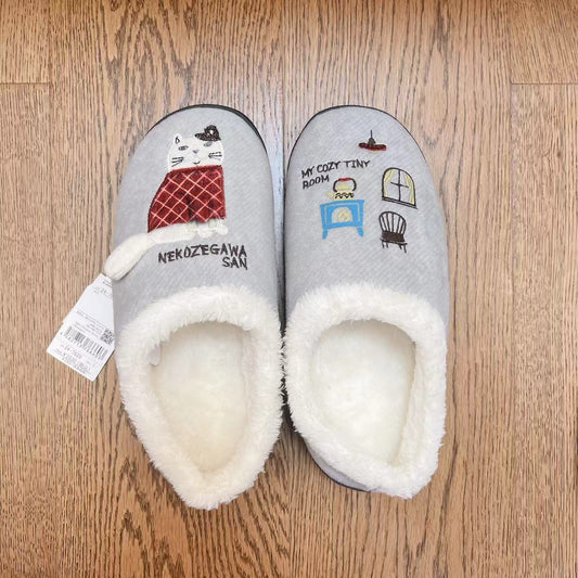 日本kusuguru刺繡胖貓拖鞋刷毛包跟地板拖居家保暖鞋居家卡通214｜灰色7629-1／單一尺寸