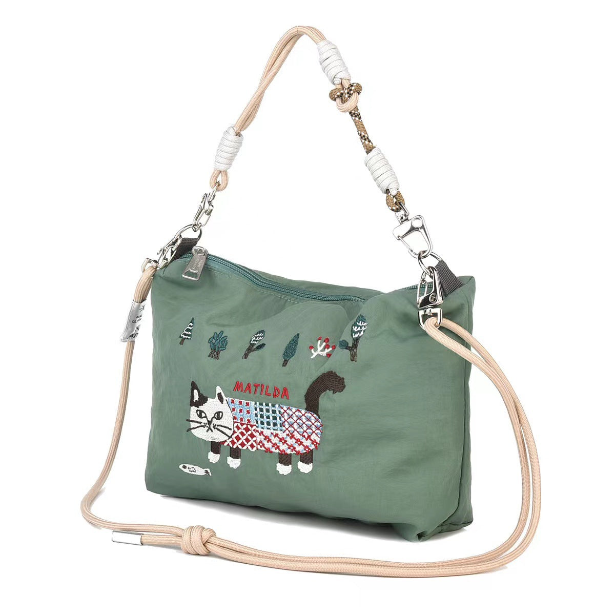 日本Kusuguru重工刺繡貓咪聚酯纖維肩背包斜背包手提包卡通包通勤219｜爬貓綠色7595-2