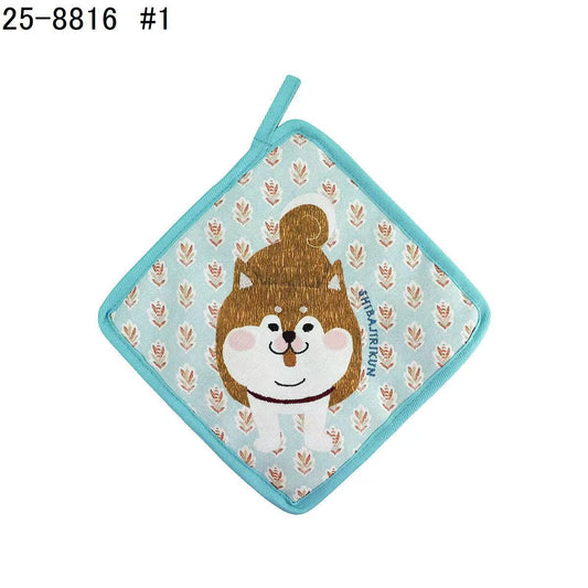 日本Kusuguru正品刺繡貓咪狗子隔熱墊防燙墊餐墊盤墊鍋墊掛式438｜棕柴犬藍色8816-1