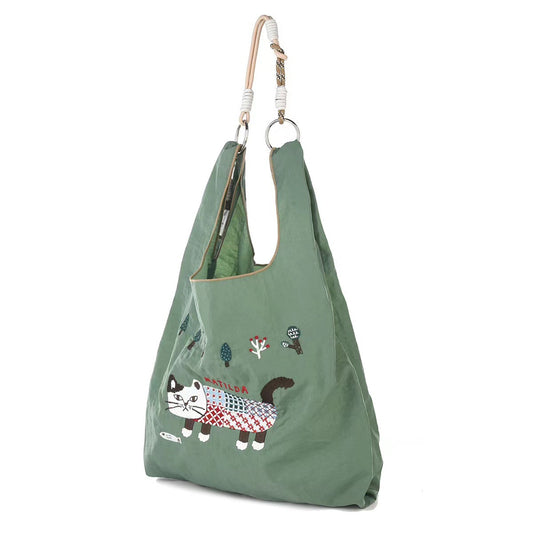 日本kusuguru重工刺繡貓咪購物袋肩背包手提包通勤包卡通尼龍219｜爬貓綠色7601-2