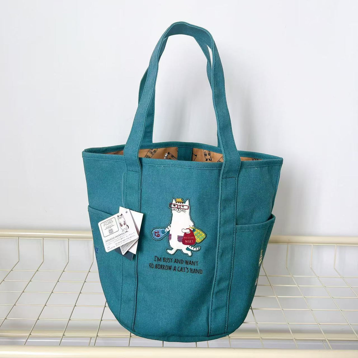 日本Kusuguru正品刺繡眼鏡貓手提包水桶包手提包帆布購物通勤400｜藍綠8513-3