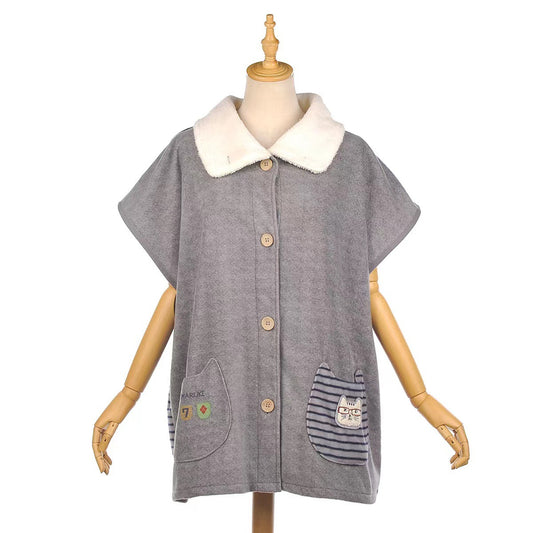 日本ksuguru刺繡貓咪居家服外套斗篷披肩護肩加厚保暖刷毛922｜灰色5648-1