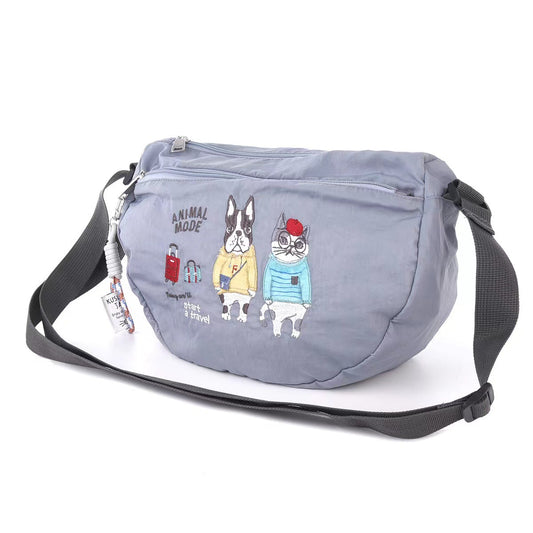 日本kusuguru重工刺繡貓咪肩背包斜背包月亮包腋下包通勤卡通219｜露西保羅淺灰7599-2