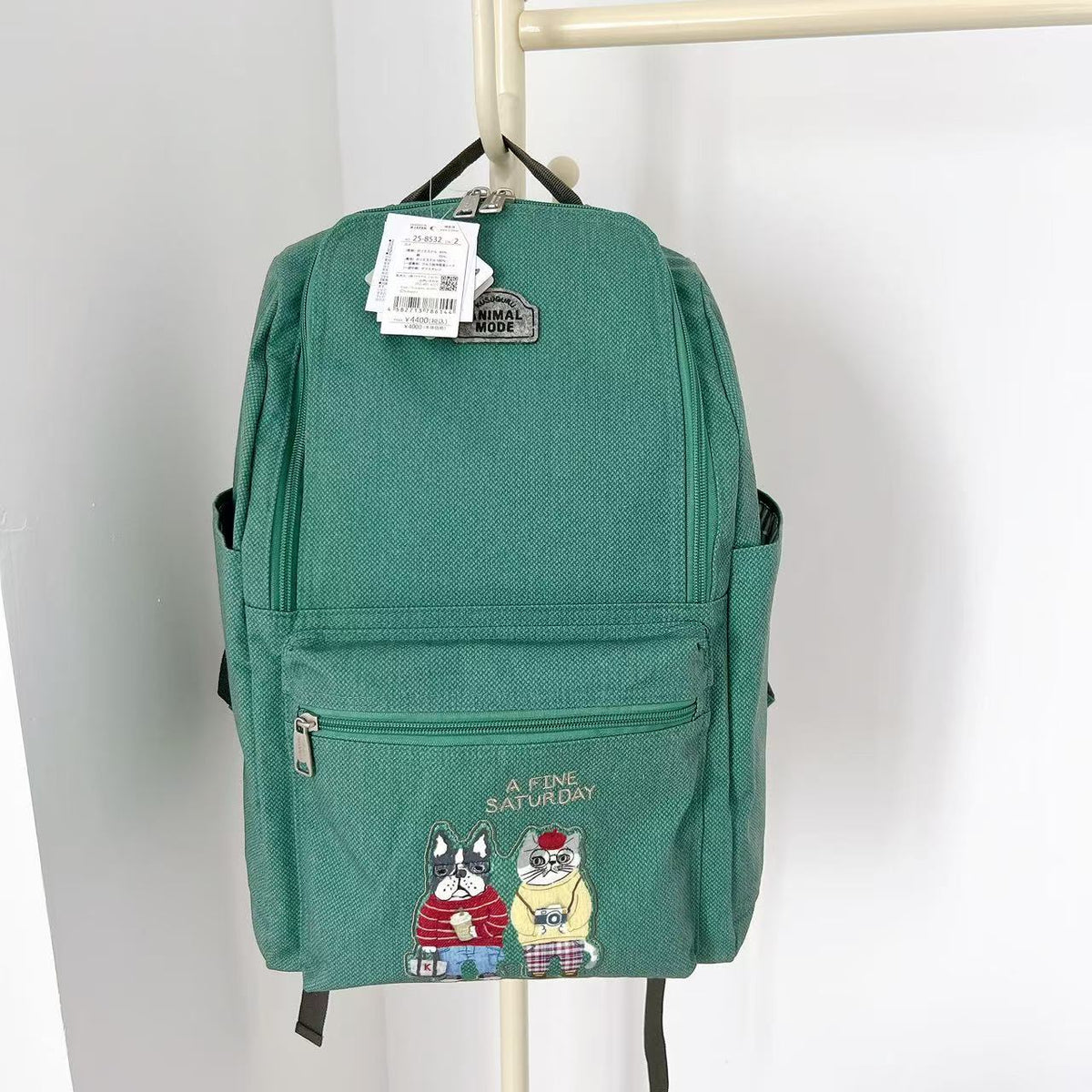 日本Kusuguru正品刺繡法鬥貓咪後背包帆布背包媽咪包旅行背包402｜露西and保羅綠色8532-2