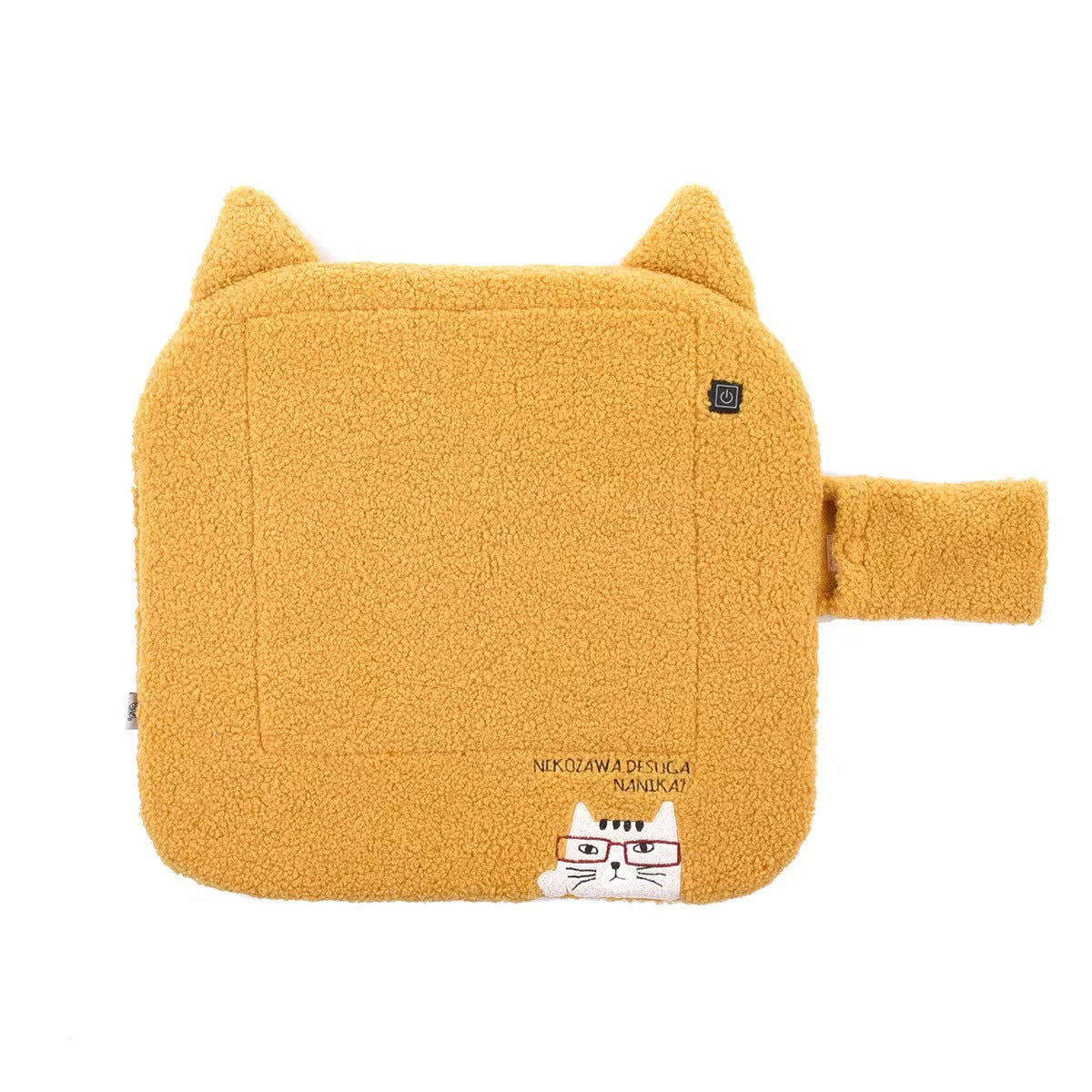 日本kusuguru刺繡貓咪仿羊羔毛USB 連接埠加熱墊蒲團座墊保暖坐墊974｜黃色6734-1／44 × 41 cm