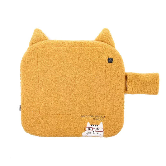 日本kusuguru刺繡貓咪仿羊羔毛USB 連接埠加熱墊蒲團座墊保暖坐墊974｜黃色6734-1／44 × 41 cm