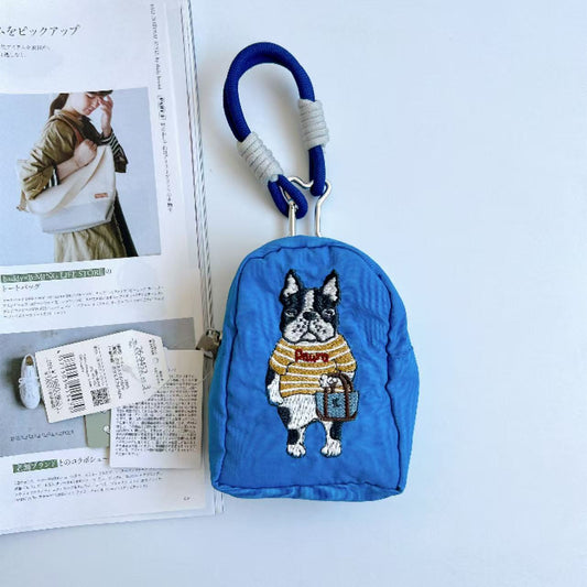 日本Kusuguru正品重工刺繡貓咪法鬥蜜豆零錢包掛飾收納包布藝卡通｜保羅克萊藍門形9452