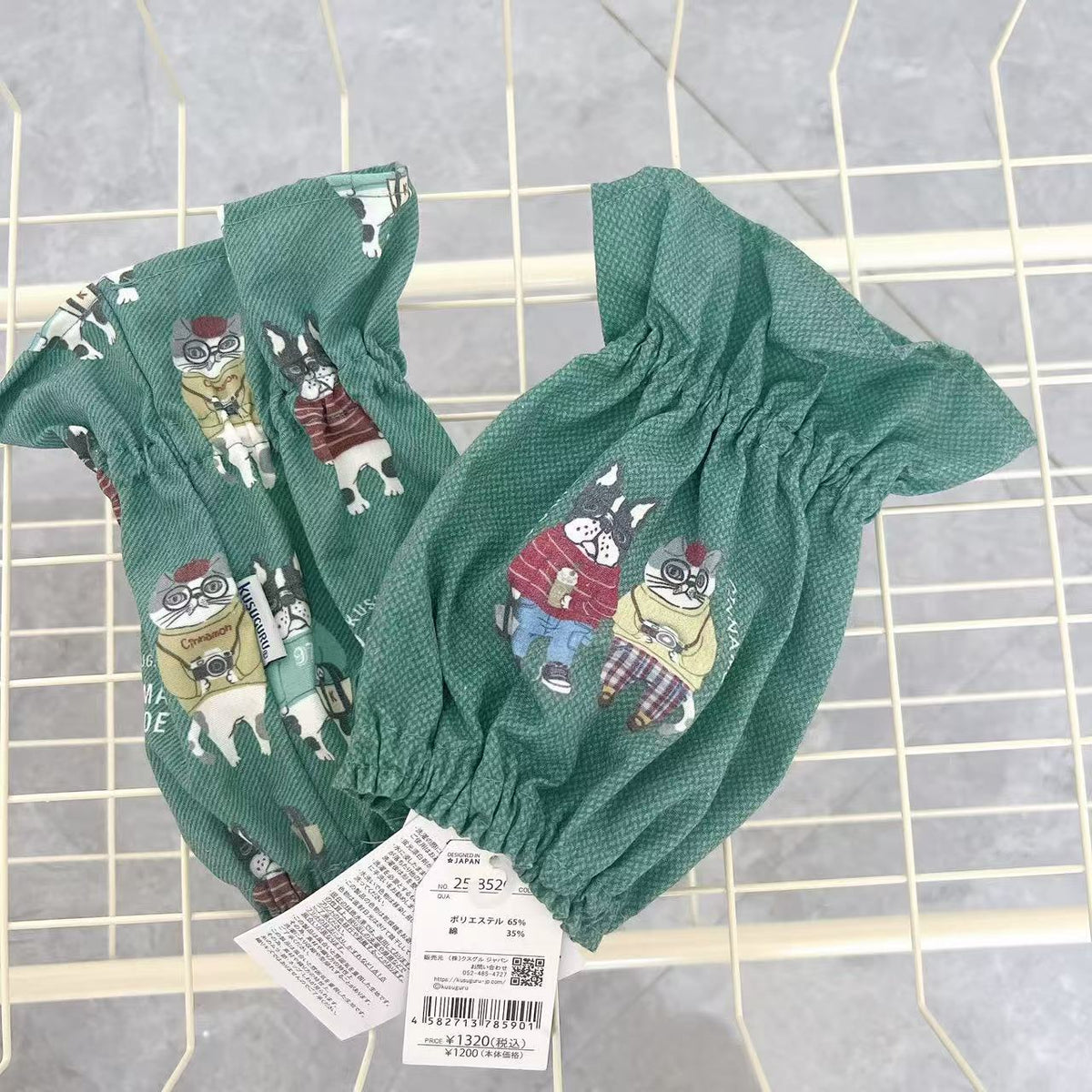 日本Kusuguru正品法鬥貓咪印花袖套帆布防油防污袖套花藝烘焙402｜露西and保羅綠色8520-2