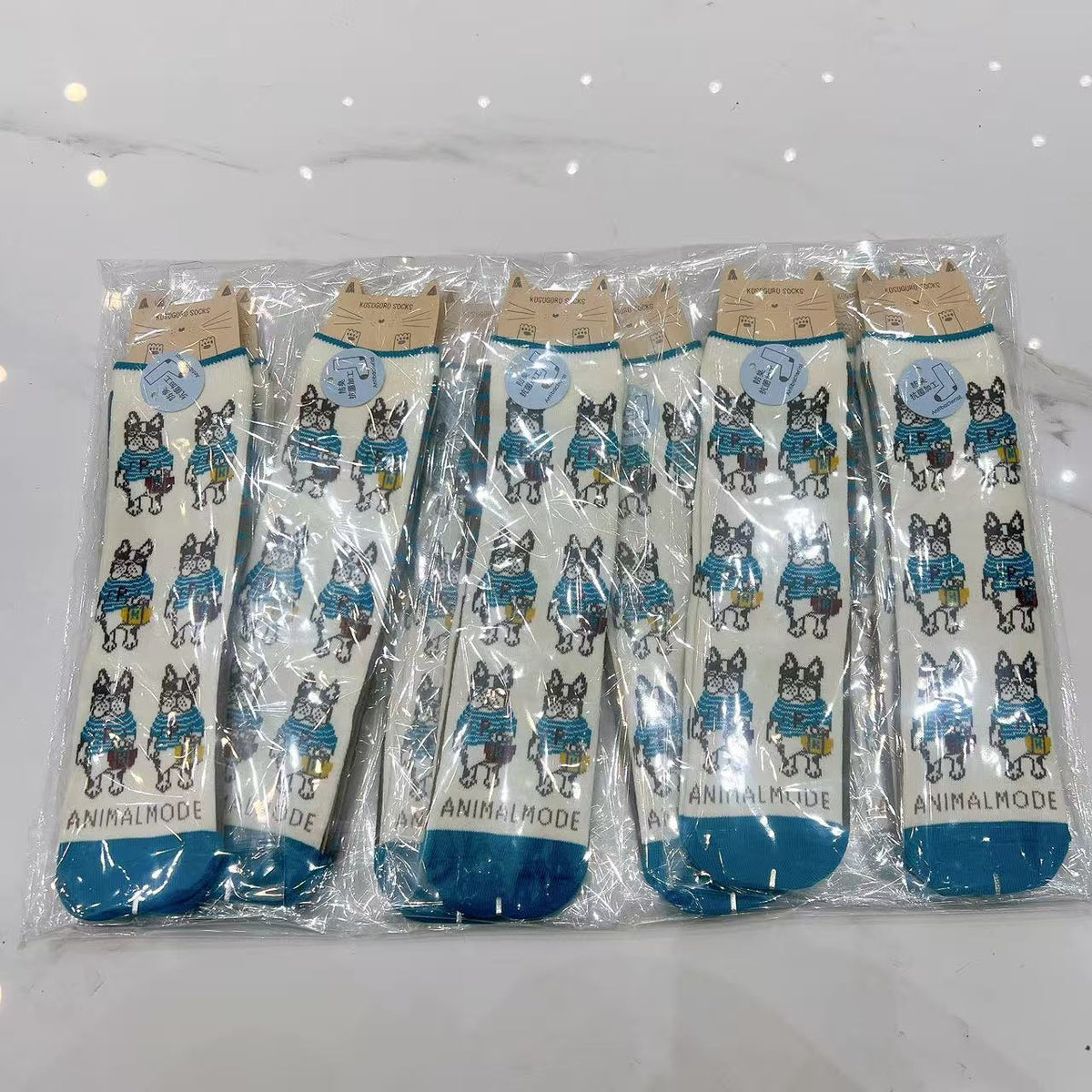 日本Kusuguru提花貓咪船襪中筒襪卡通棉襪堆堆襪襪子521(10雙入)｜中筒保羅白拼藍9164-1／單一尺寸