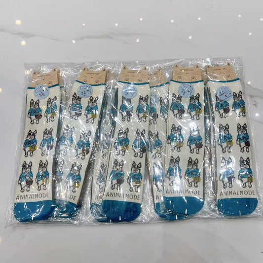 日本Kusuguru提花貓咪船襪中筒襪卡通棉襪堆堆襪襪子521(10雙入)｜中筒保羅白拼藍9164-1／單一尺寸