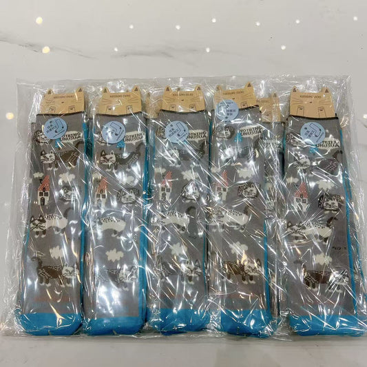 日本Kusuguru提花貓咪船襪中筒襪卡通棉襪堆堆襪襪子521(10雙入)｜中筒爬貓灰色9163-2／單一尺寸