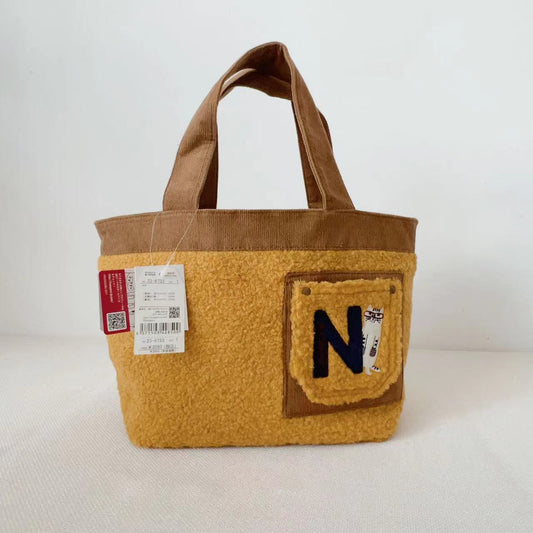 日本kusuguru刺繡貓咪仿羊羔毛手提包手提包逛街購物包卡通974｜黃色6733-1
