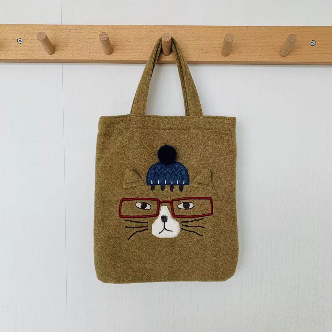 日本新款刺繡貓咪手提包刷毛手提包ipad包補習逛街購物通勤874｜眼鏡貓黃