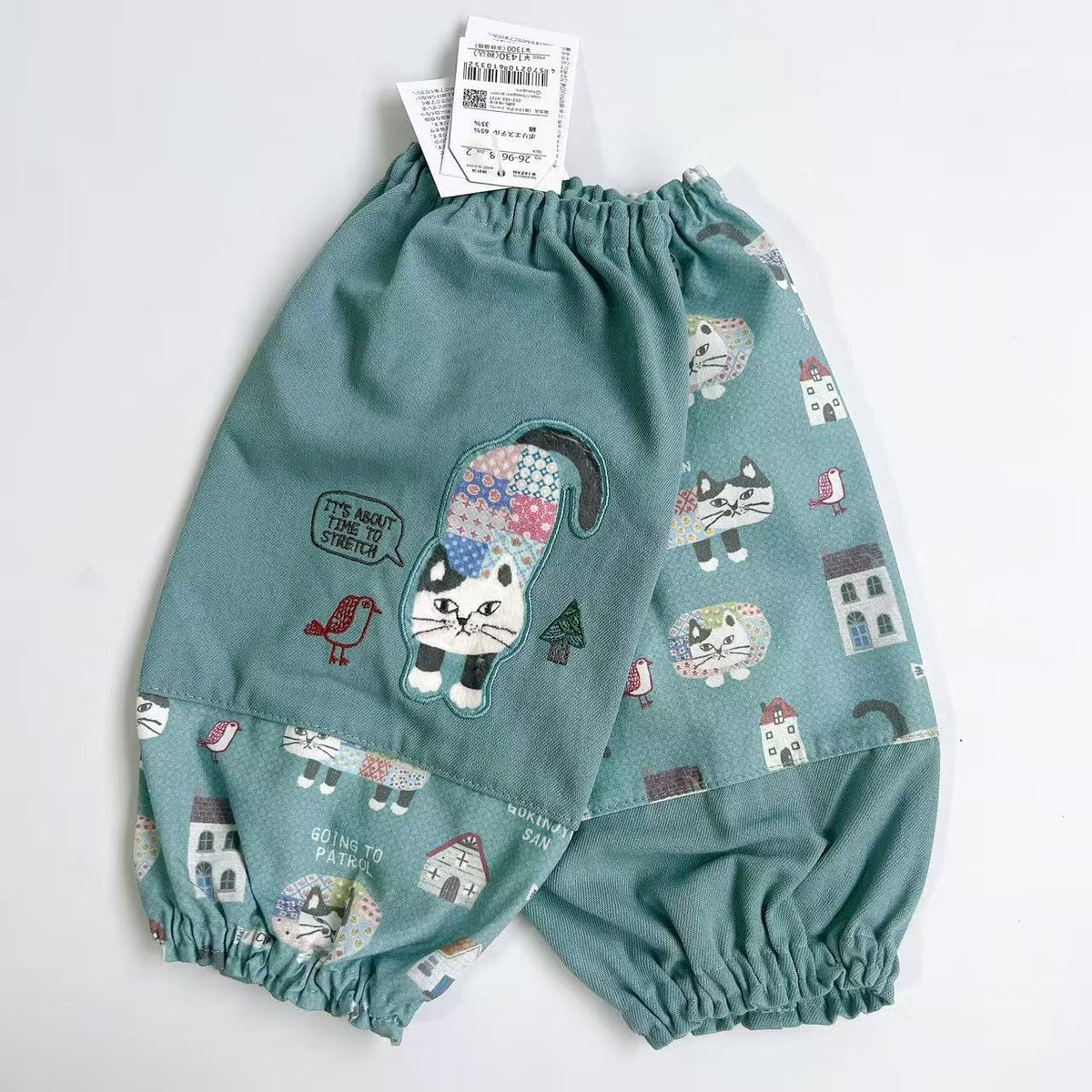 日本Kusuguru正品刺繡爬貓袖套家務防油防污袖套花藝烘焙布藝601｜爬貓湖藍色9618-2