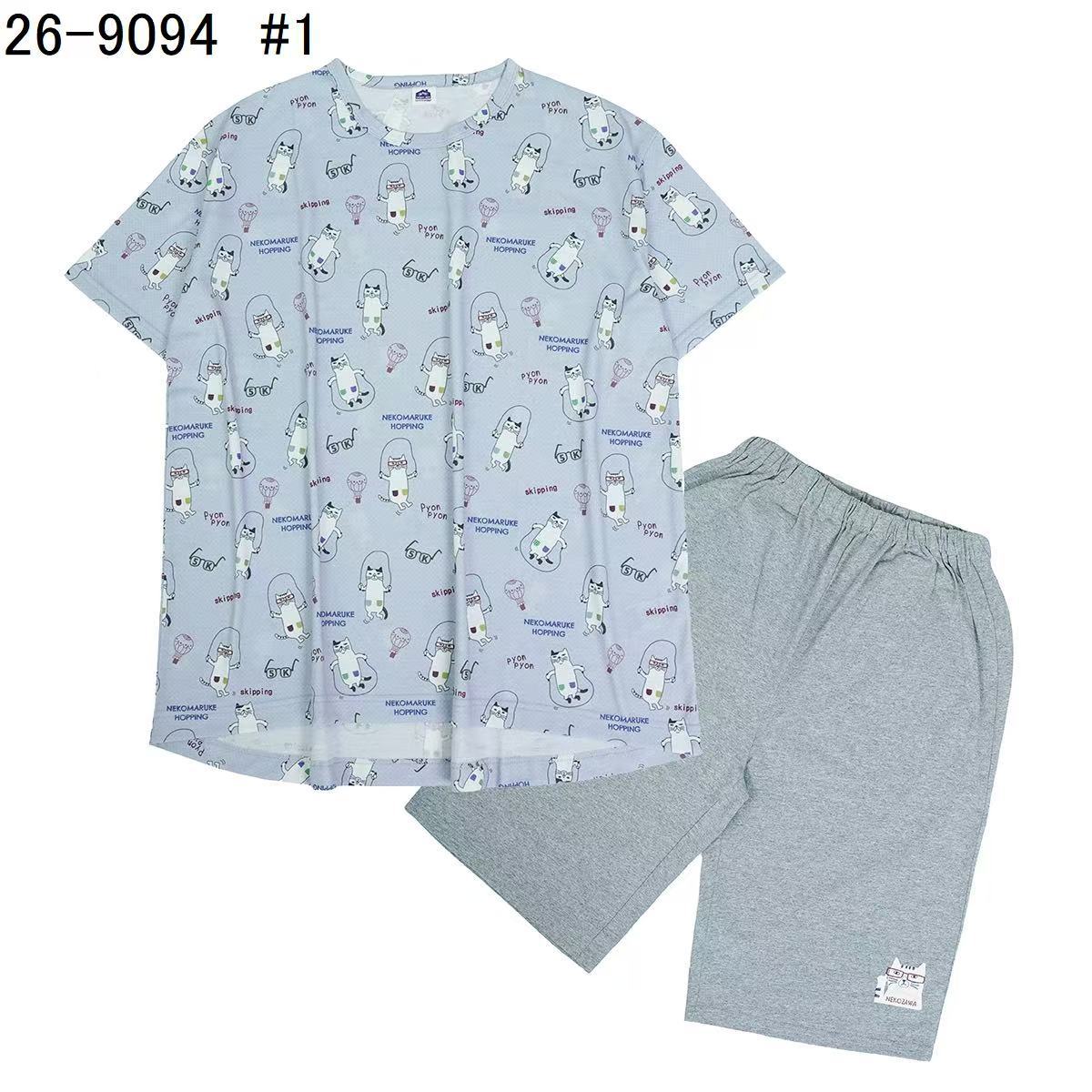日本Kusuguru正品印花居家服睡裙套裝短袖短褲天竺棉卡通519｜短袖套裝眼鏡貓灰9094-1／單一尺寸