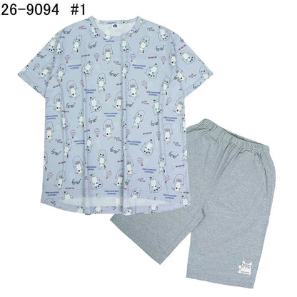日本Kusuguru正品印花居家服睡裙套裝短袖短褲天竺棉卡通519｜短袖套裝眼鏡貓灰9094-1／單一尺寸