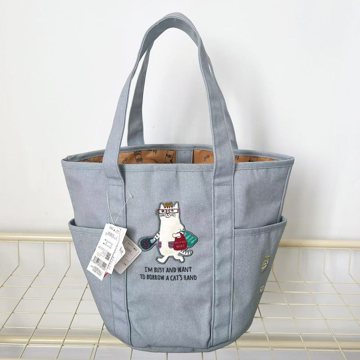 日本Kusuguru正品刺繡眼鏡貓手提包水桶包手提包帆布購物通勤400｜灰色8513-1