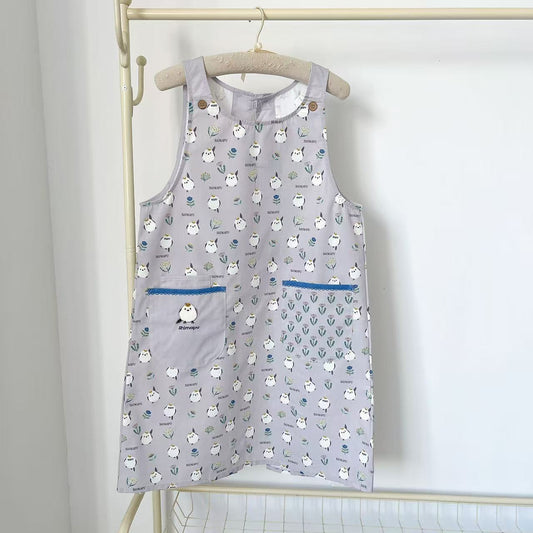 日本Kusuguru正品刺繡小雞長款圍裙家務防油防污花藝烘焙卡通503｜小雞淡紫9045-2