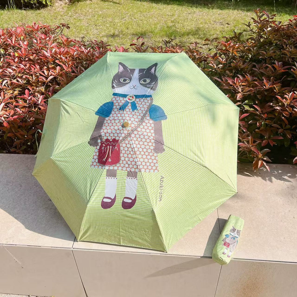 日本Kusuguru蜜豆公主貓咪印花雨傘晴雨兼用防UV太陽傘防潑水412｜綠色蜜豆紅豆10008
