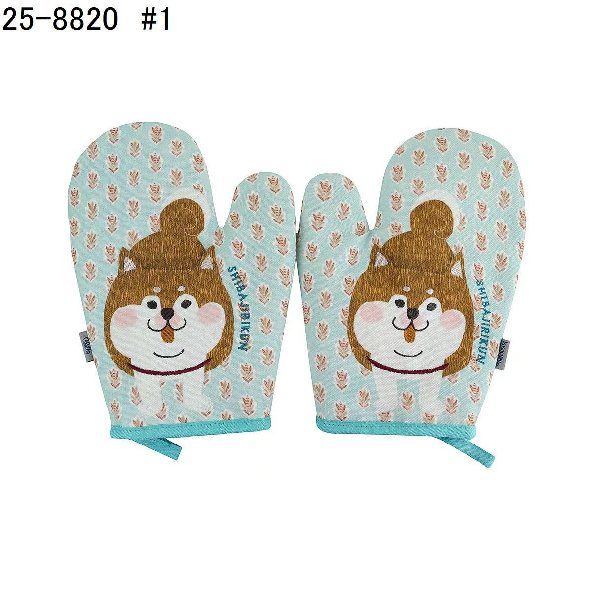 日本Kusuguru正品貓咪狗子刺繡印花手套隔熱耐高溫防燙加厚微波爐｜棕柴犬藍色8820-1